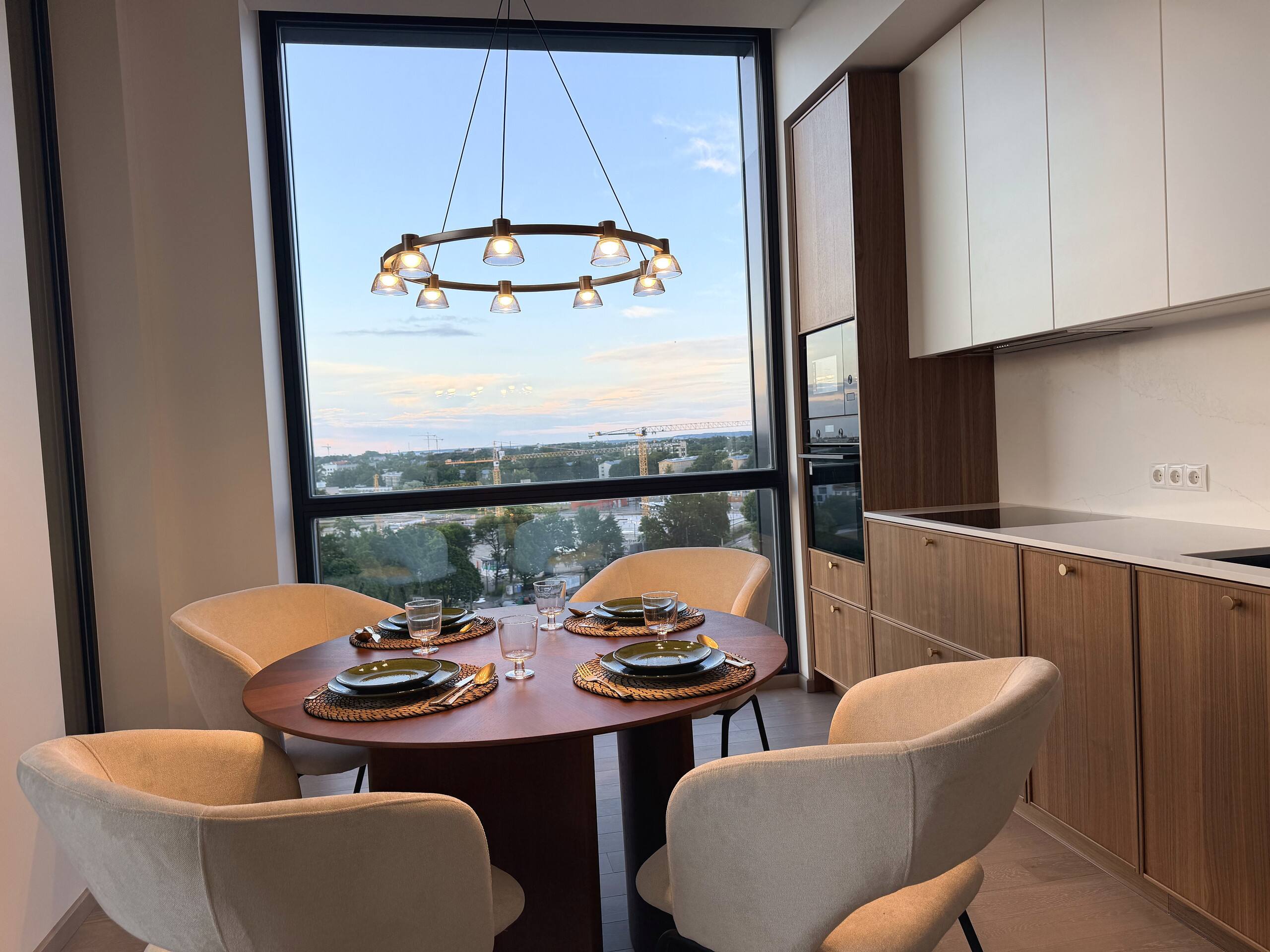 Close view of the dining table with morning light across it.