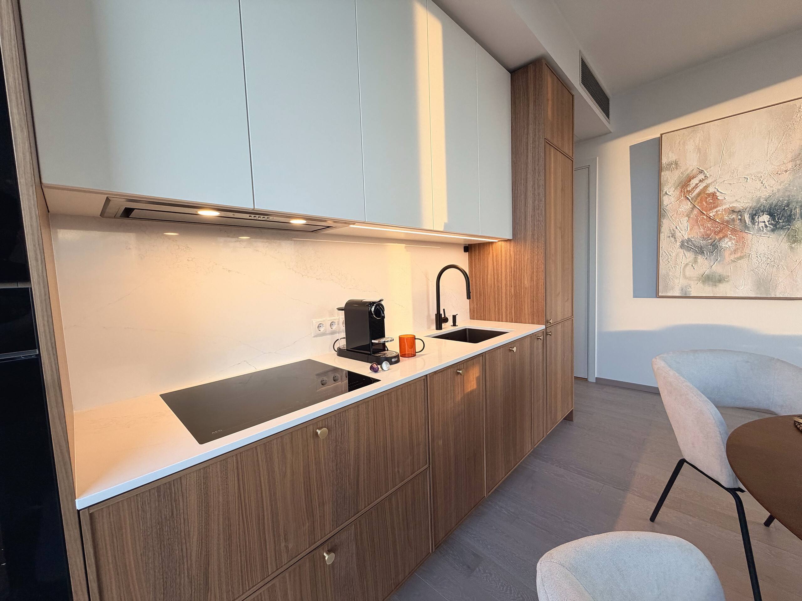 The fully equipped kitchen running along the wall.