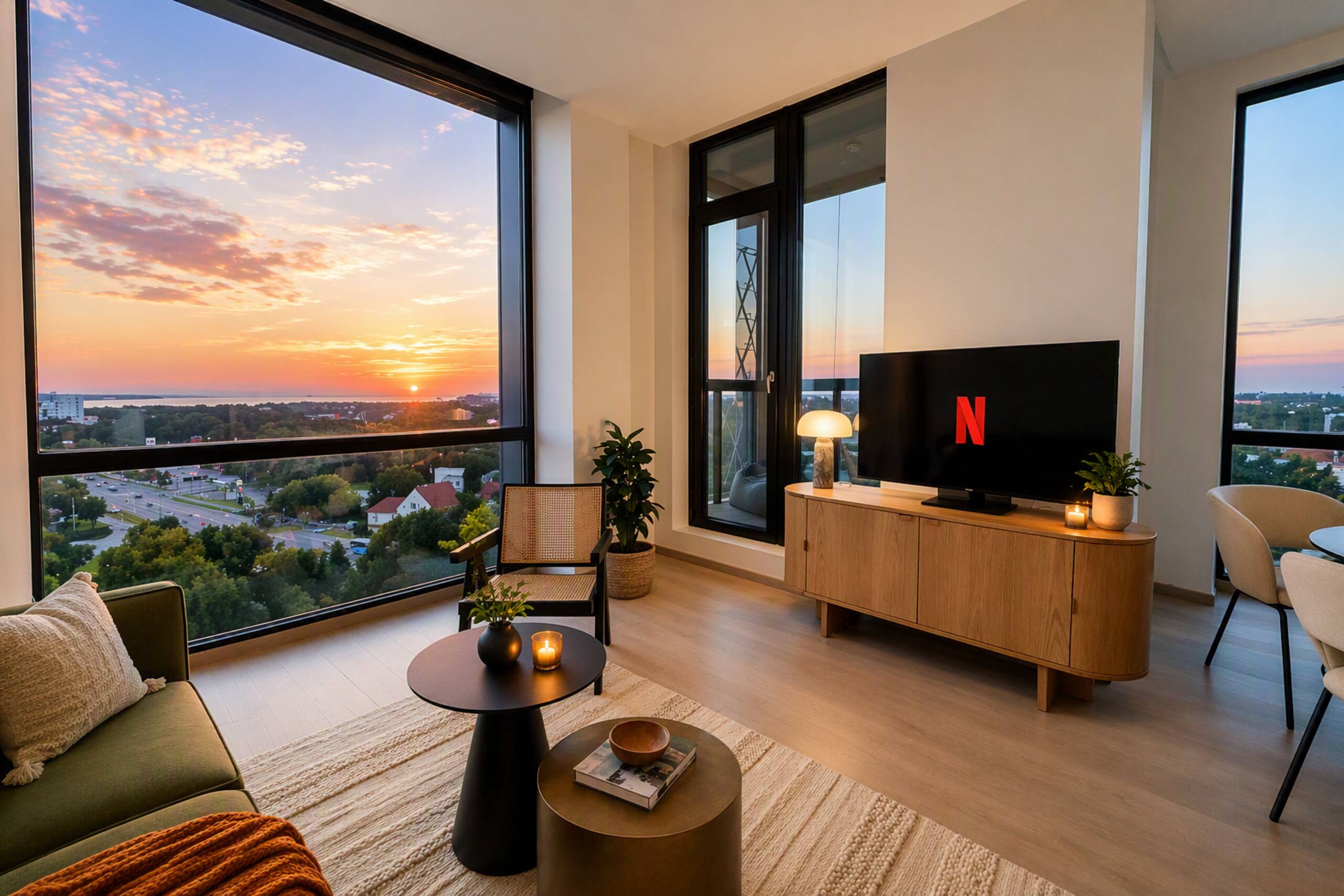 Living room seen from the hallway, with the sofa facing the floor-to-ceiling windows.