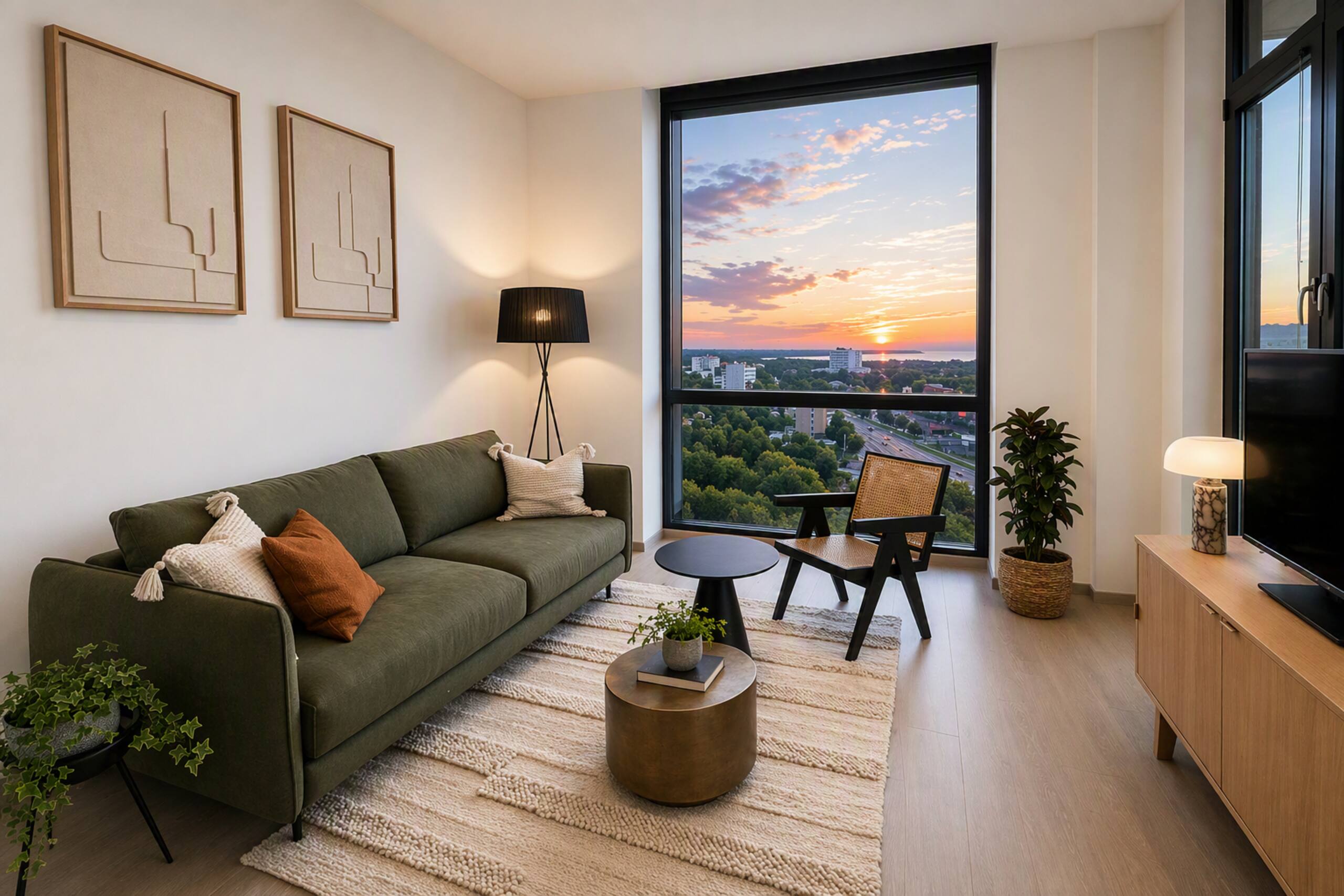 Seating area with daylight from the window wall falling across the floor.